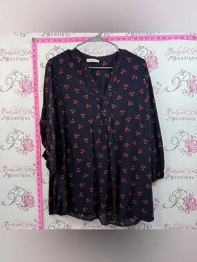 mandee blouse cherries 🍒 printed flowy shirt Navy Blouse with Red Cherry Print